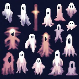 Create a 2D pixel art image featuring spirits or ghosts