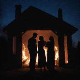 Two silhouettes of lovers in front of a glowing, home-shaped fire, casting long shadows on a romantic, starlit night