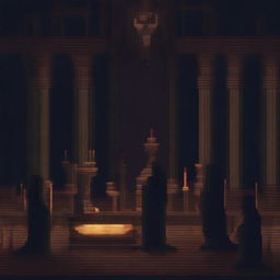 Create a 2D pixel art image depicting a ritual scene