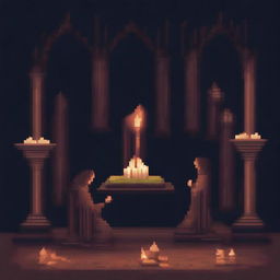 Create a 2D pixel art image depicting a ritual scene