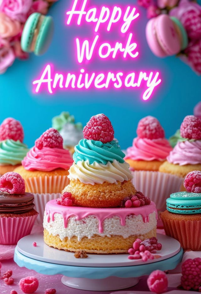 A stunning book cover with 'Happy Work Anniversary' in neon text, featuring a dessert theme with cakes, cupcakes, macarons, and intricate details