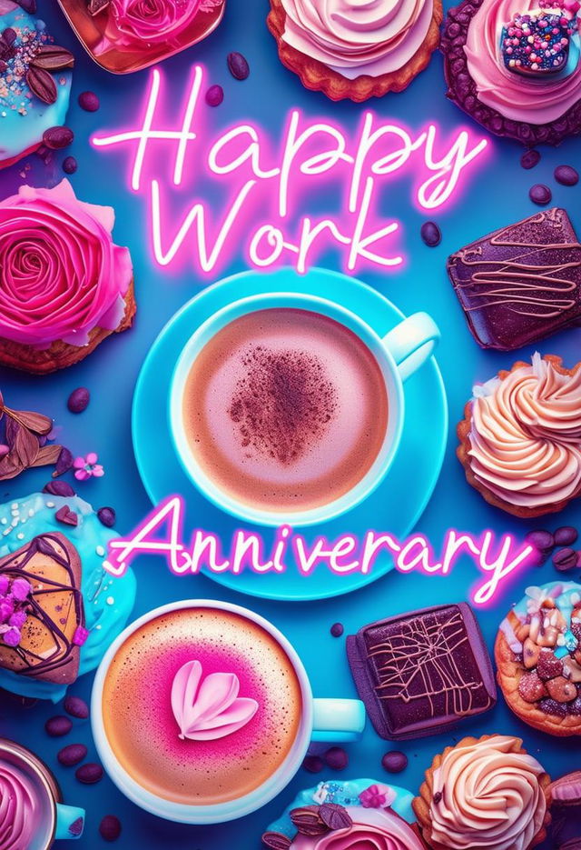 A beautiful book cover with 'Happy Work Anniversary' in neon text, featuring a theme of coffees and pastries with intricate details and a warm, celebratory design