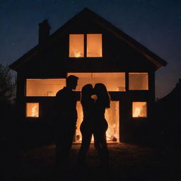 Two silhouettes of lovers in front of a glowing, home-shaped fire, casting long shadows on a romantic, starlit night