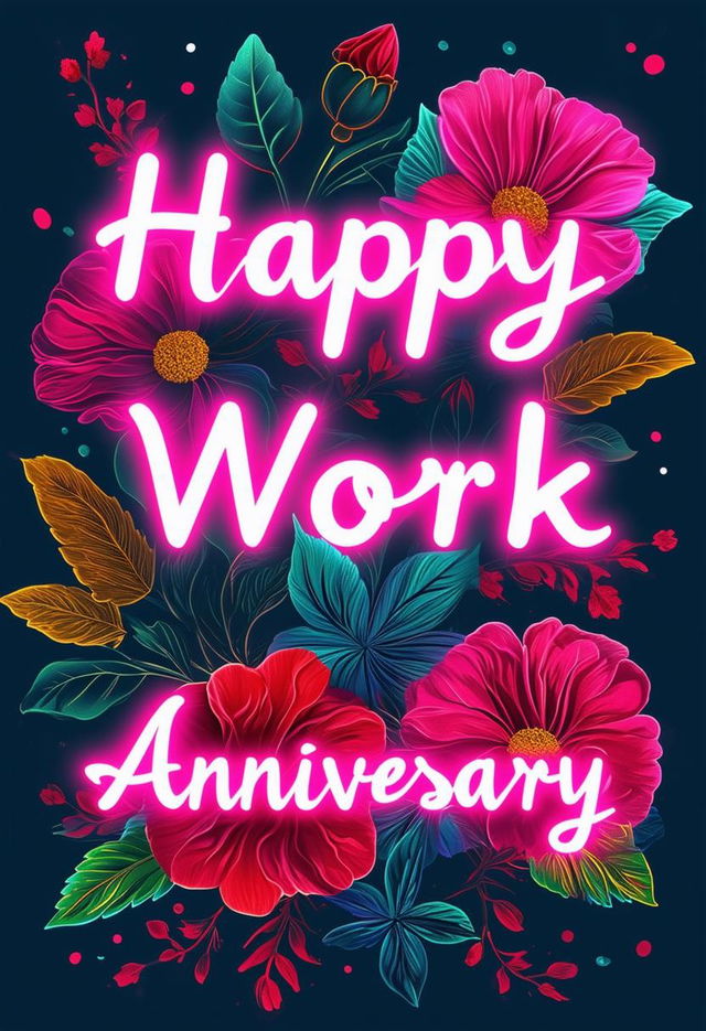 A stunning book cover with 'Happy Work Anniversary' in neon text, featuring an elegant flower theme with intricate details and a sophisticated design