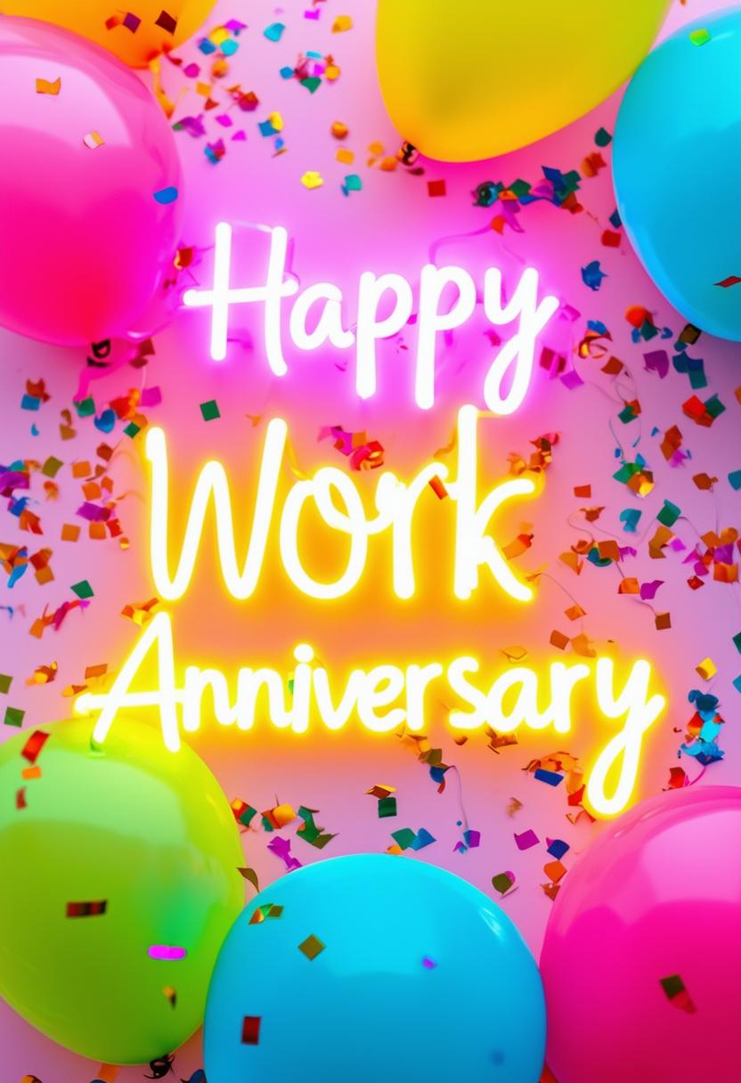 A beautiful book cover with 'Happy Work Anniversary' in neon text, featuring a lively party theme with confetti, balloons, and vibrant colors