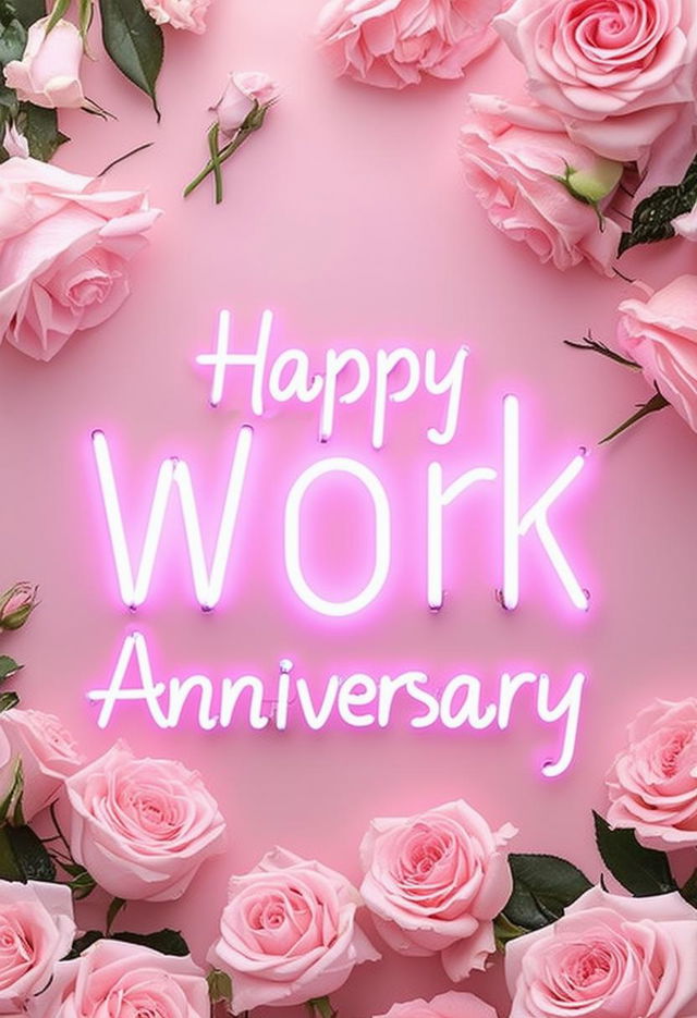 A beautiful book cover with 'Happy Work Anniversary' in neon text, featuring an elegant theme of light pink roses with intricate details and a charming design