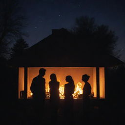 Two silhouettes of lovers in front of a glowing, home-shaped fire, casting long shadows on a romantic, starlit night