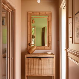 Small, classic entrance hall with a modern revamp, showcasing a large rattan closet. The colour palette ranges from beige to pistachio, complemented with a mirror and an aesthetically appealing entrance door.