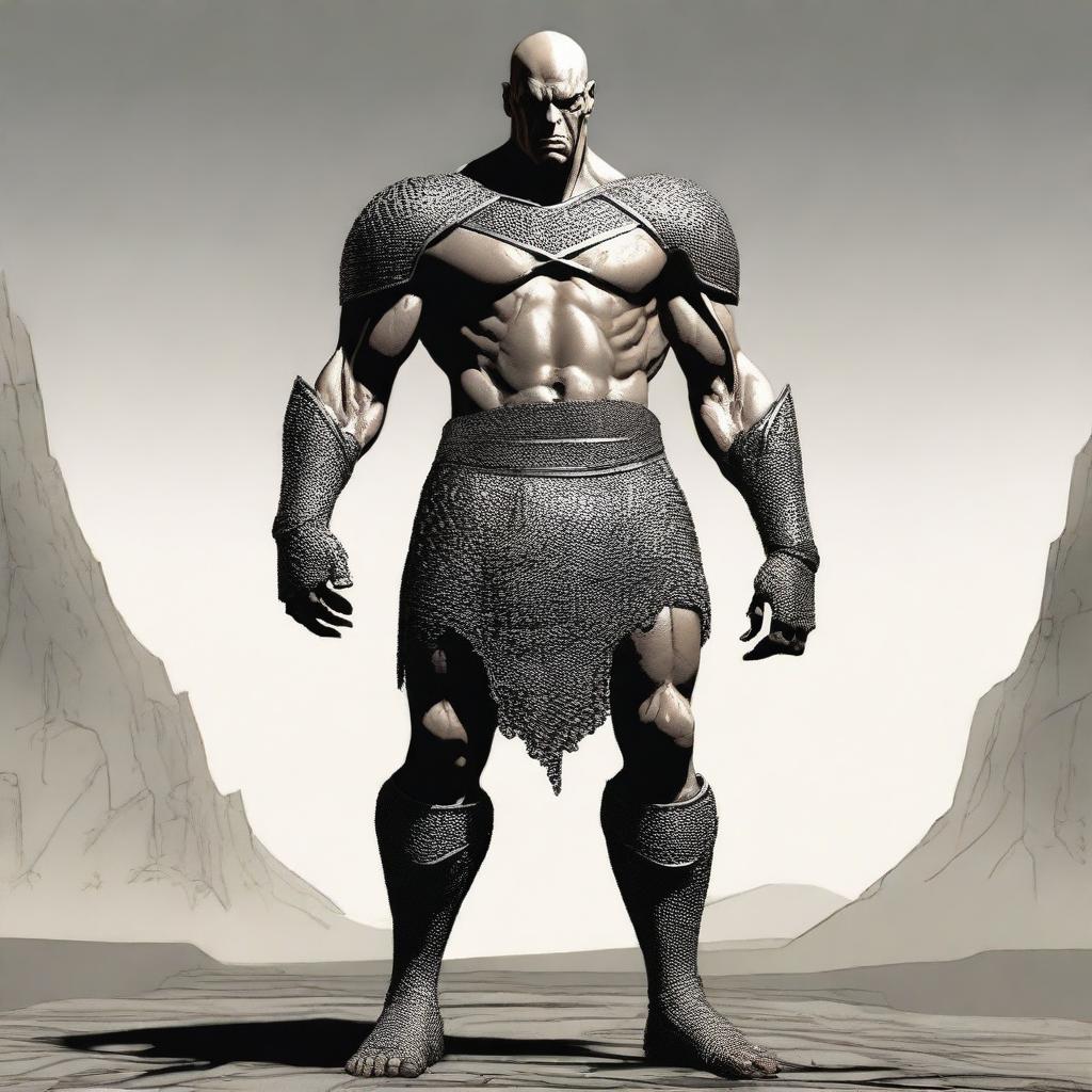 Create an image of a Goliath character who is very malnourished, skinny, bald, and lanky