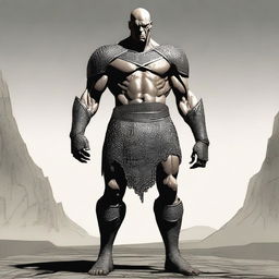 Create an image of a Goliath character who is very malnourished, skinny, bald, and lanky