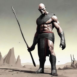 Create an image of a Goliath character who is very malnourished, skinny, bald, and lanky