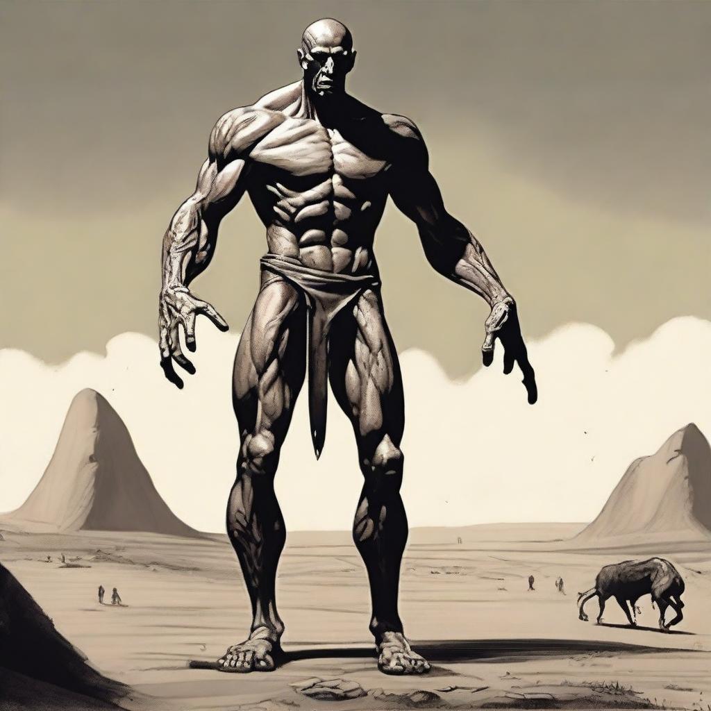 Create an image of a Goliath character who is very malnourished, skinny, bald, and lanky