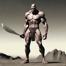 Create an image of a Goliath character who is very malnourished, skinny, bald, and lanky