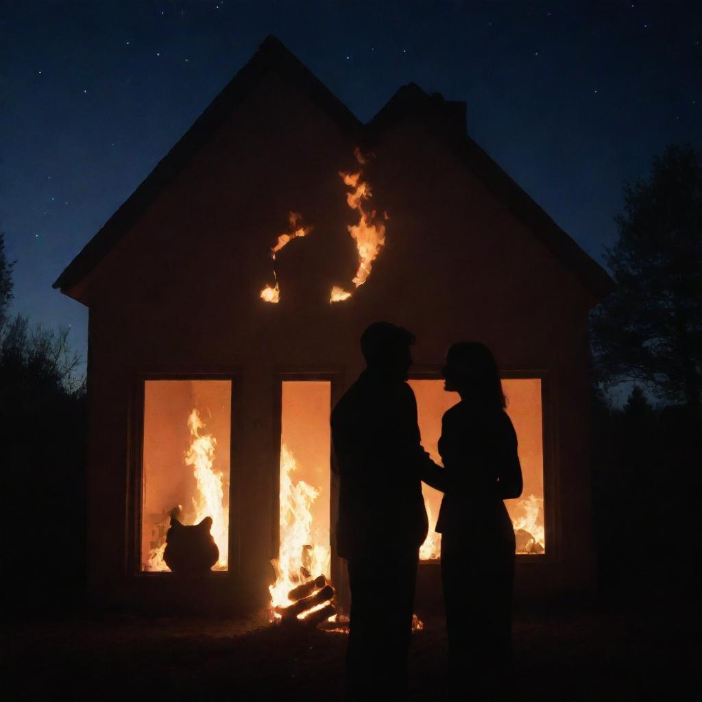 Two silhouettes of lovers in front of a glowing, home-shaped fire, casting long shadows on a romantic, starlit night