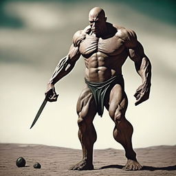 Create an image of a Goliath character who is very malnourished, skinny, bald, and lanky