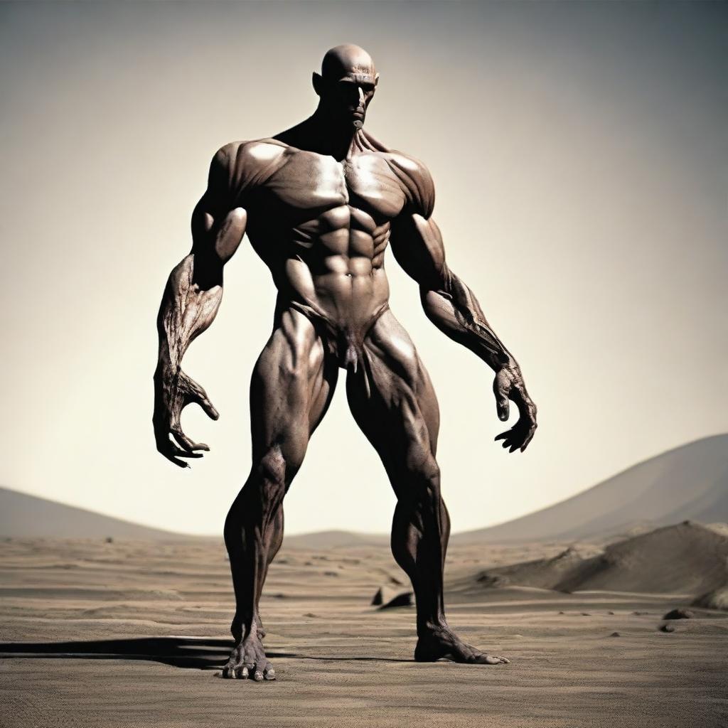 Create an image of a Goliath character who is very malnourished, extremely skinny, bald, and lanky