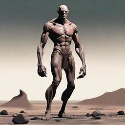 Create an image of a Goliath character who is very malnourished, extremely skinny, bald, and lanky