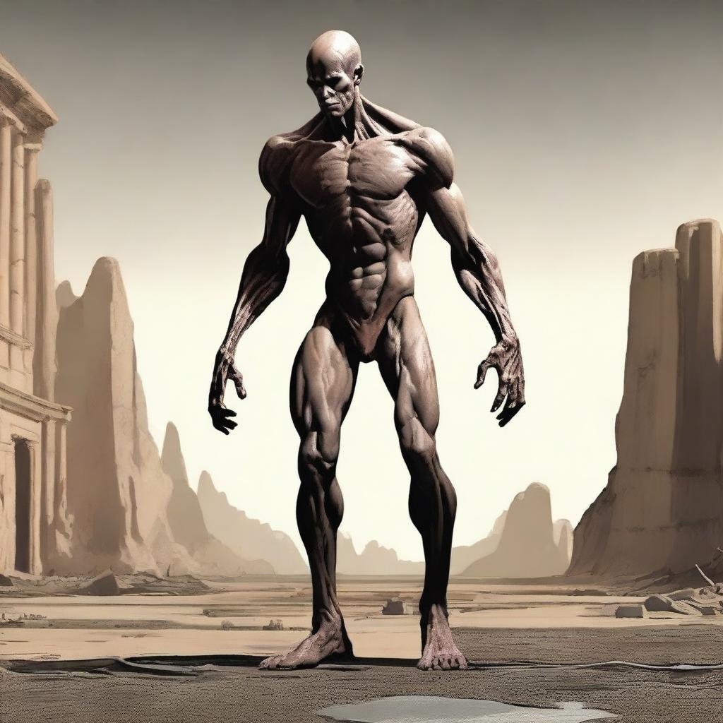 Create an image of a Goliath character who is very malnourished, extremely skinny, bald, and lanky