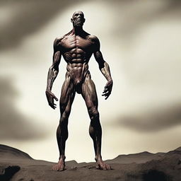 Create an image of a Goliath character who is very malnourished, extremely skinny, bald, and lanky