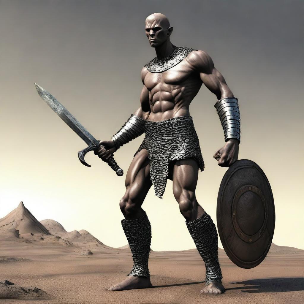 Create an image of a Goliath character who is very malnourished, extremely skinny, bald, and lanky