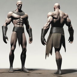 Create an image of a Goliath character who is very malnourished, extremely skinny, bald, and lanky