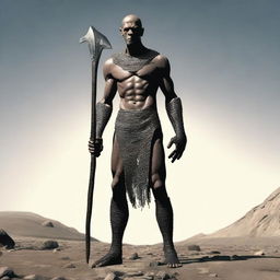 Create an image of a Goliath character who is very malnourished, extremely skinny, bald, and lanky