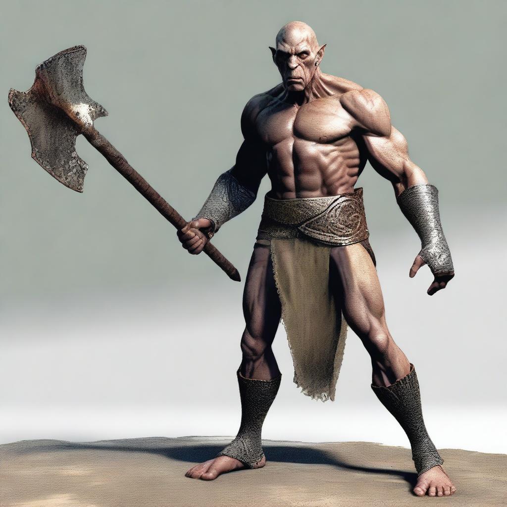 Create an image of a Goliath character who is very malnourished, skinny, bald, and lanky