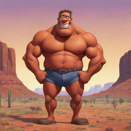 Illustration of a tall, muscular, comedic cartoon character named Big Lez in vibrant Australian outback setting