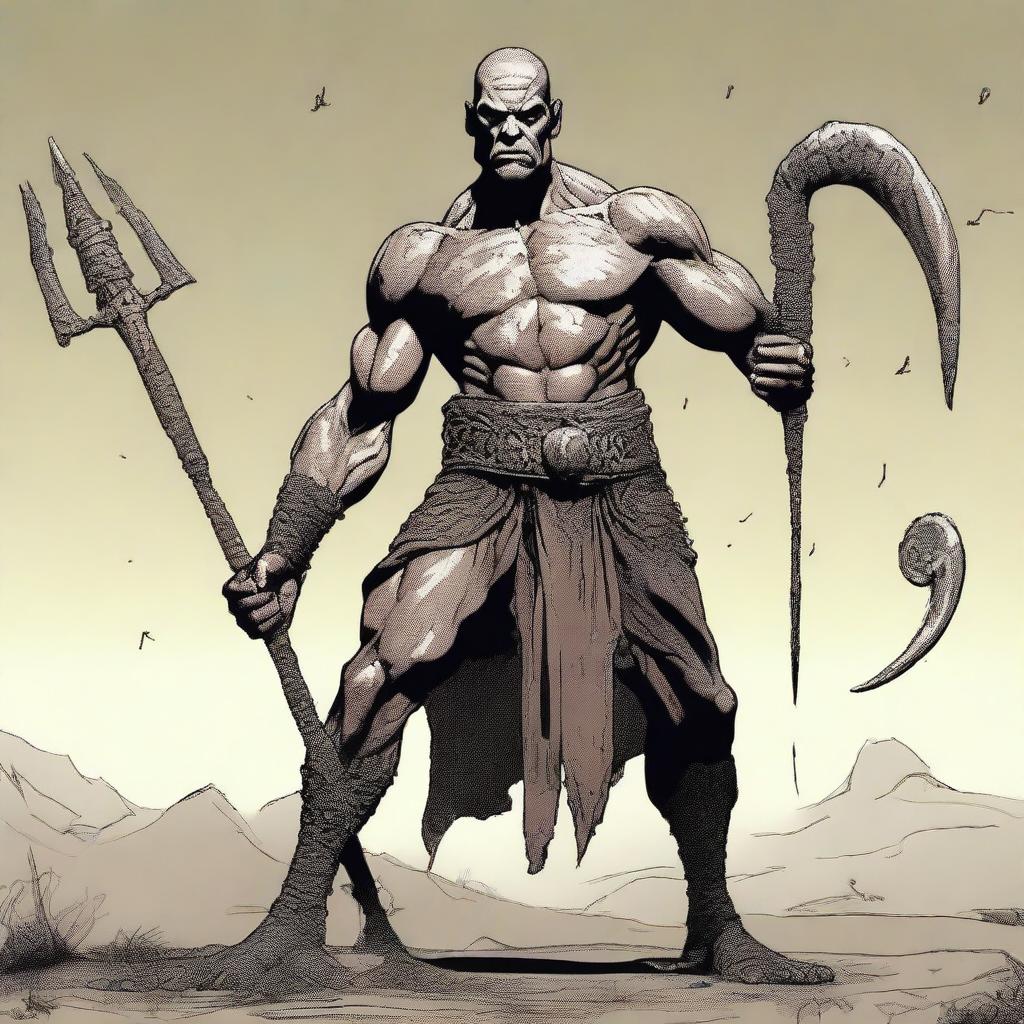 Create an image of a Goliath character who is very malnourished, skinny, bald, and lanky