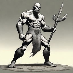 Create an image of a Goliath character who is very malnourished, skinny, bald, and lanky