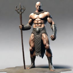 Create an image of a Goliath character who is very malnourished, skinny, bald, and lanky