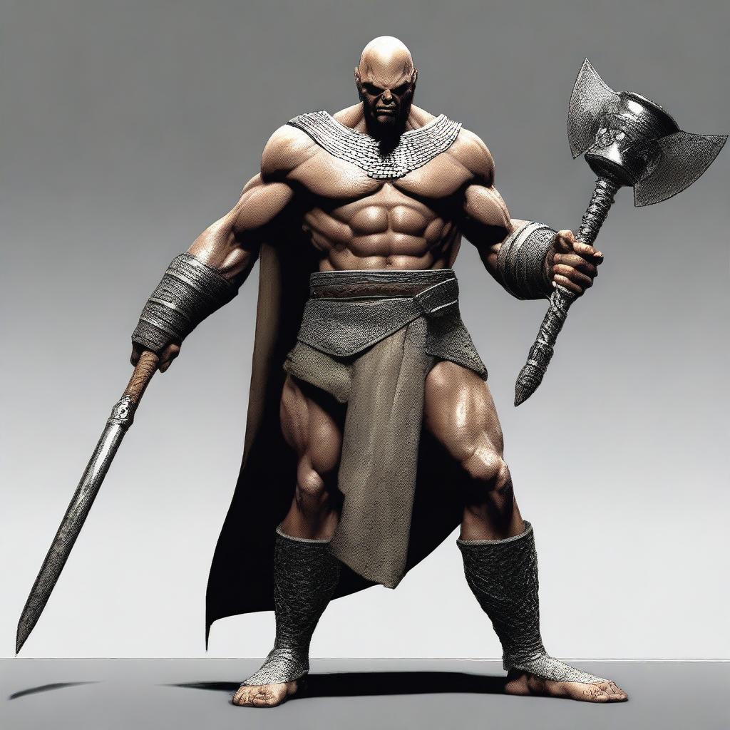 Create an image of a Goliath cleric character who is very malnourished, skinny, bald, and lanky