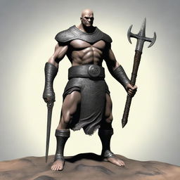 Create an image of a Goliath cleric character who is very malnourished, skinny, bald, and lanky