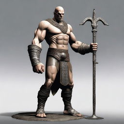 Create an image of a Goliath cleric character who is very malnourished, skinny, bald, and lanky