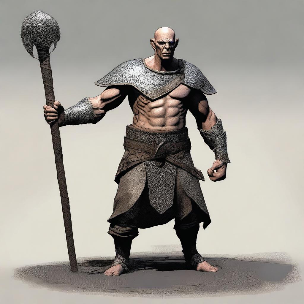 Create an image of a Goliath cleric character who is extremely malnourished, very skinny, bald, and lanky