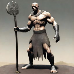 Create an image of a Goliath cleric character who is extremely malnourished, very skinny, bald, and lanky