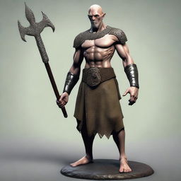 Create an image of a Goliath cleric character who is extremely malnourished, very skinny, bald, and lanky