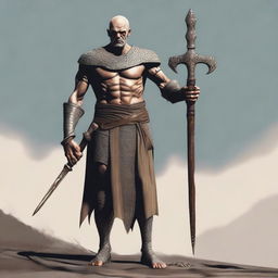 Create an image of a Goliath cleric character who is extremely malnourished, very skinny, bald, and lanky