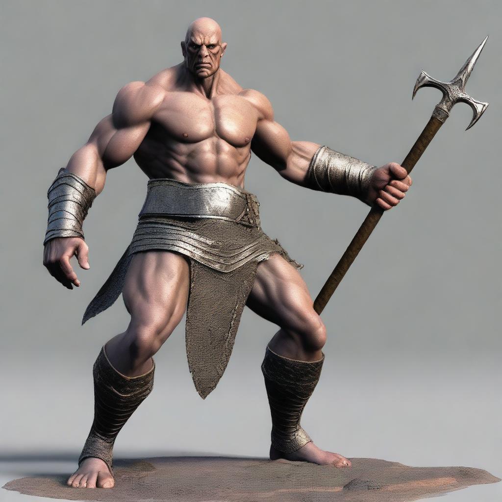 Create an image of a Goliath cleric character who is extremely malnourished, very skinny, bald, and lanky