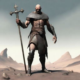 Create an image of a Goliath cleric character who is extremely malnourished, very skinny, bald, and lanky