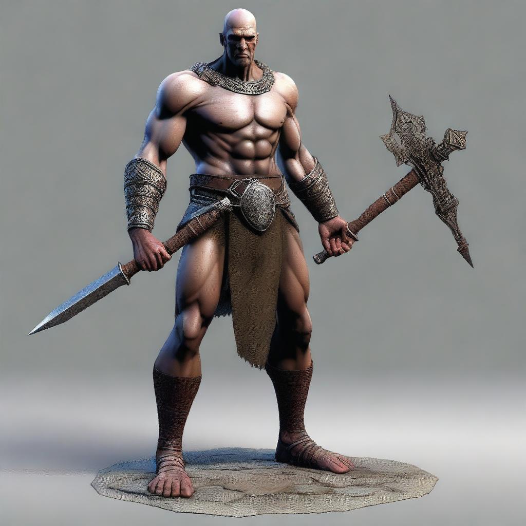 Create an image of a Goliath cleric character who is extremely malnourished, very skinny, bald, and lanky