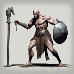 Create an image of a Goliath cleric character who is extremely malnourished, very skinny, bald, and lanky