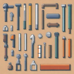 A pixel art image featuring various tools such as a hammer, wrench, screwdriver, and pliers