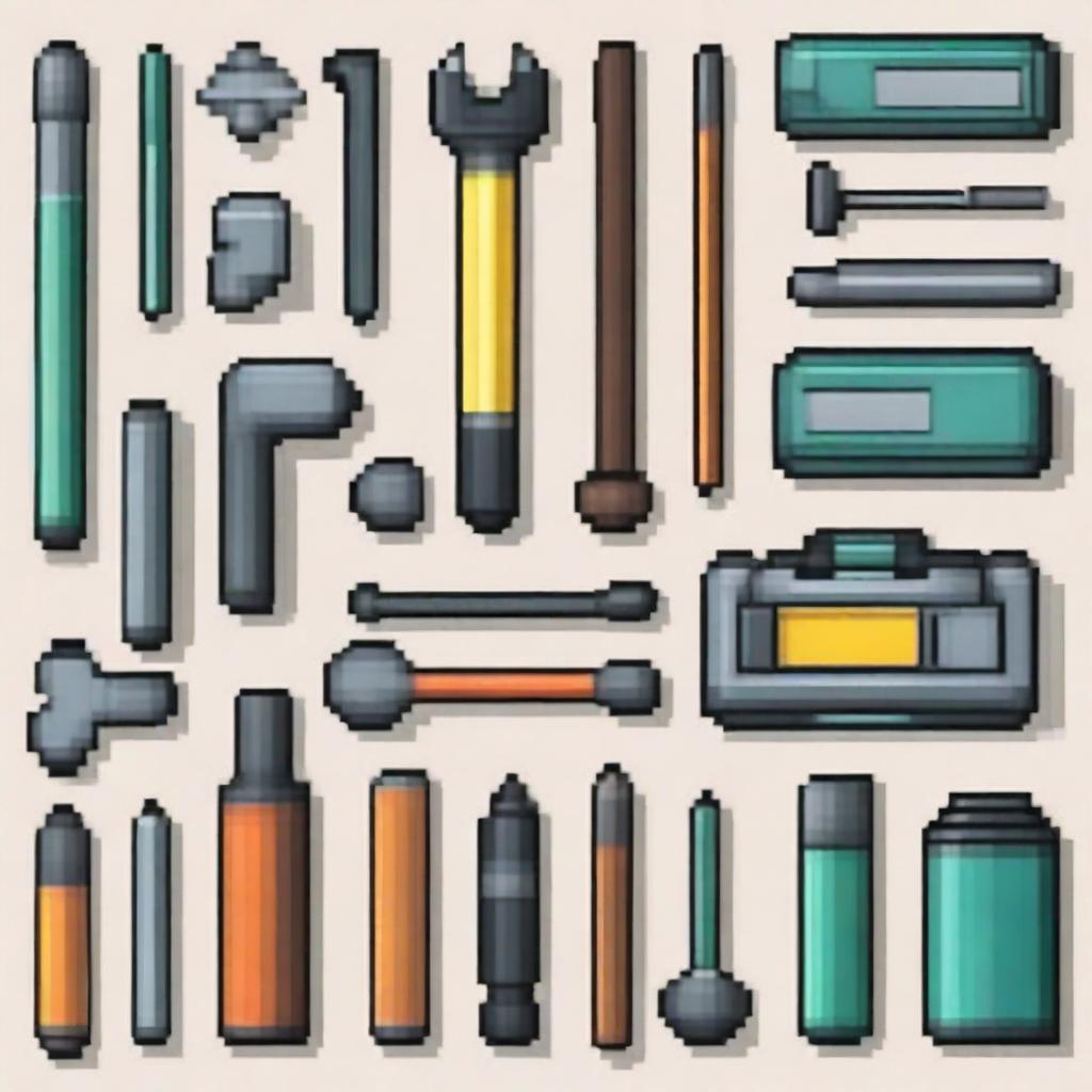 A pixel art image featuring various tools such as a hammer, wrench, screwdriver, and pliers