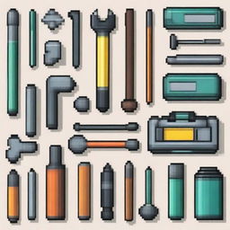 A pixel art image featuring various tools such as a hammer, wrench, screwdriver, and pliers