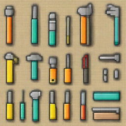 A pixel art image featuring various tools such as a hammer, wrench, screwdriver, and pliers