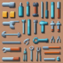 A pixel art image featuring various tools such as a hammer, wrench, screwdriver, and pliers