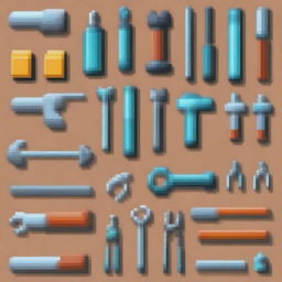 A pixel art image featuring various tools such as a hammer, wrench, screwdriver, and pliers