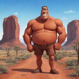 Illustration of a tall, muscular, comedic cartoon character named Big Lez in vibrant Australian outback setting