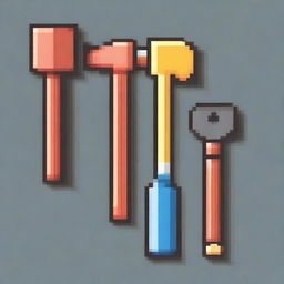 Create a pixel art image featuring a simple scene with a few tools like a hammer, wrench, and screwdriver